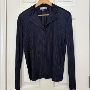 Navy Blue Pleated Satin Button-Up Shirt